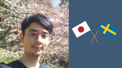 Picture of a man and Japan's and Sweden's flags